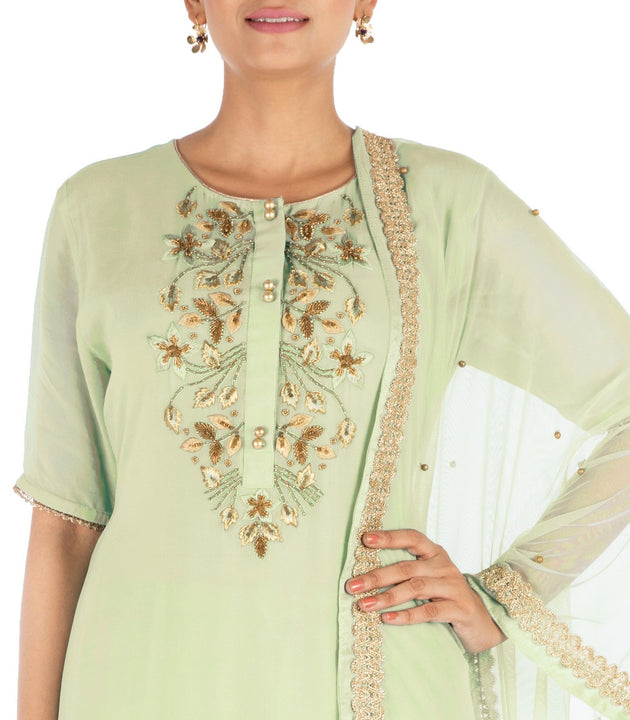 Hand Embroidered Pistachio Green Pallazo Set