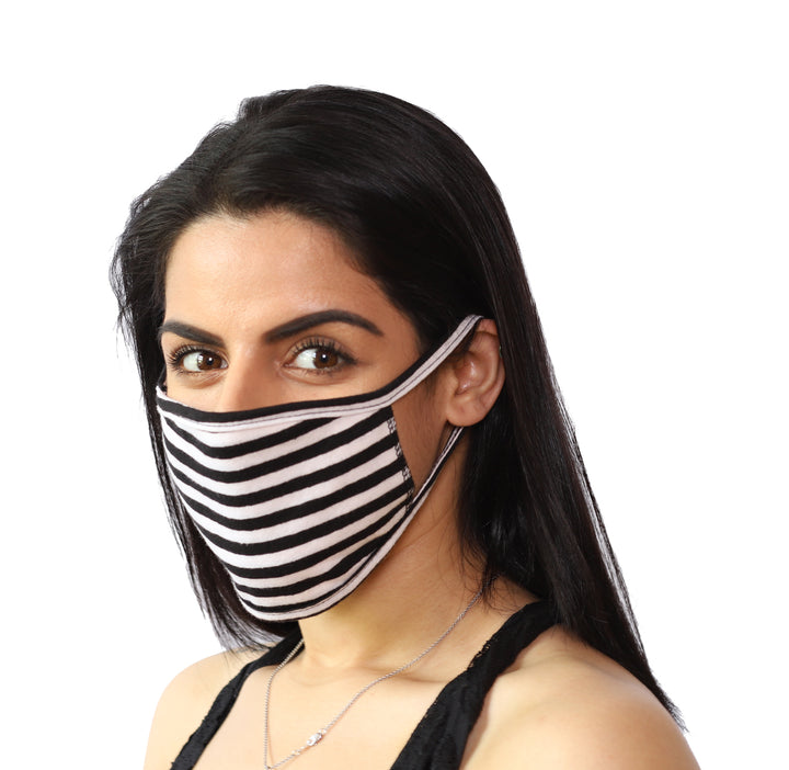 2 Pack Black and White Stripe Reusable Face Mask - Unisex Washable with 2 Layers Breathable Cotton Fabric - Made in USA