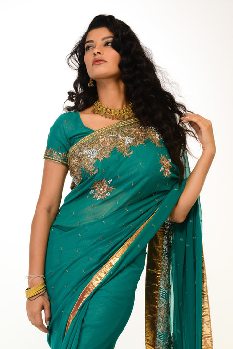 Stylish Turquoise Green Ready-Made Pre-Pleated Sari-SNT10270