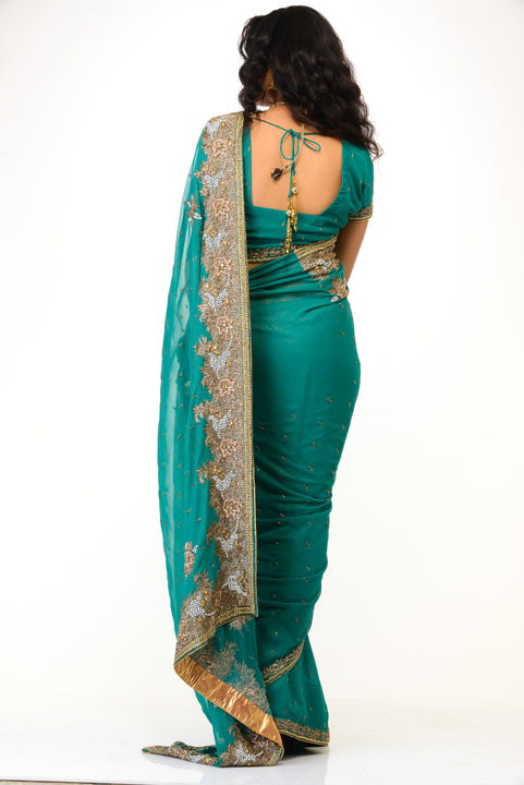 Stylish Turquoise Green Ready-Made Pre-Pleated Sari-SNT10270