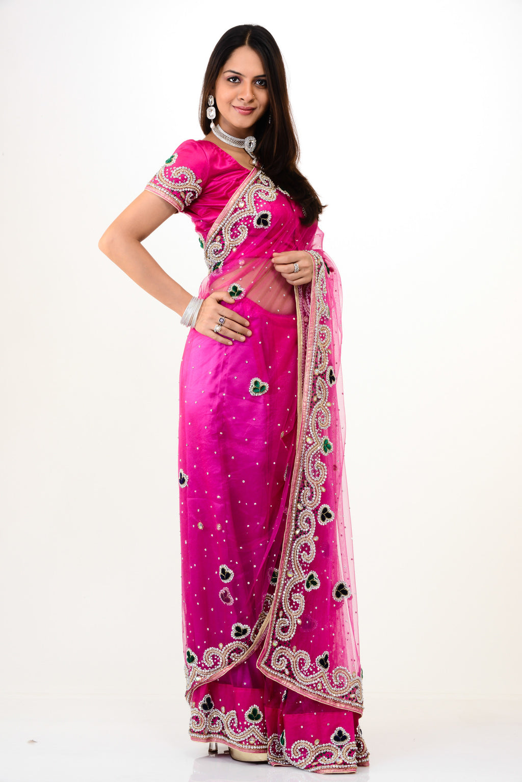 Superhot Pink Net Ready-made Sari