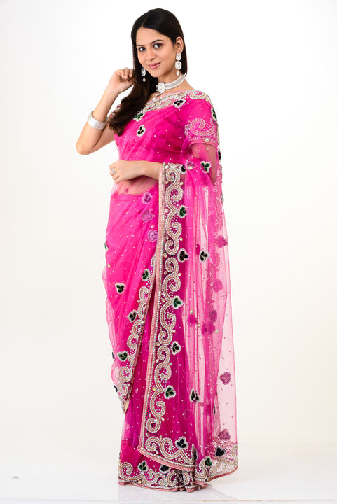 Superhot Pink Net Ready-made Sari