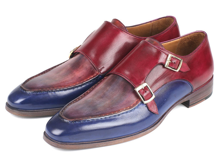 Paul Parkman Blue & Bordeaux Double Monkstraps Shoes (ID#SW533YR) Size 11.5 D(M) US