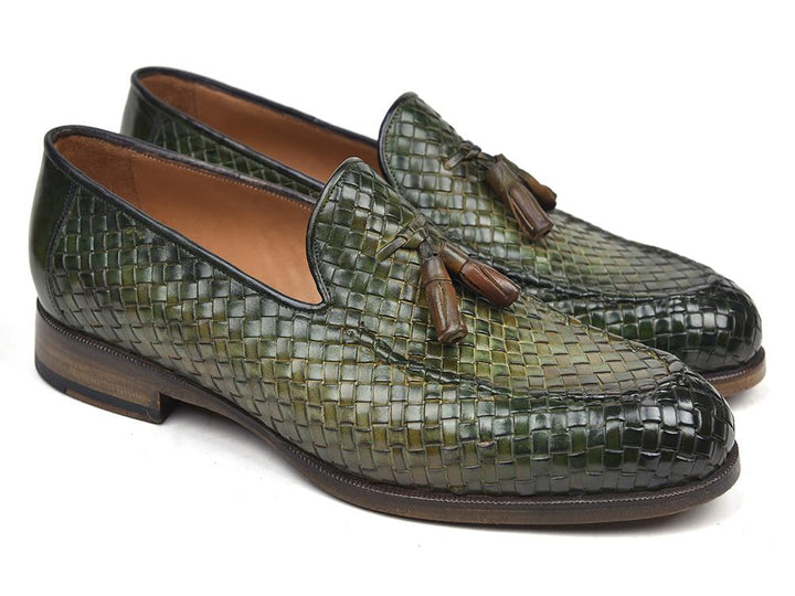 Paul Parkman Woven Leather Tassel Loafers Green Shoes (ID#WVN44-GRN) Size 12-12.5 D(M) US