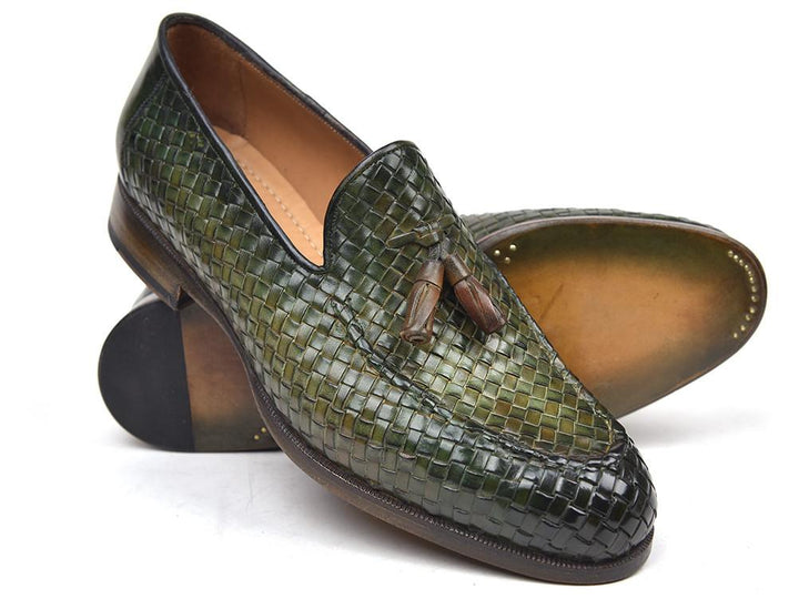 Paul Parkman Woven Leather Tassel Loafers Green Shoes (ID#WVN44-GRN)