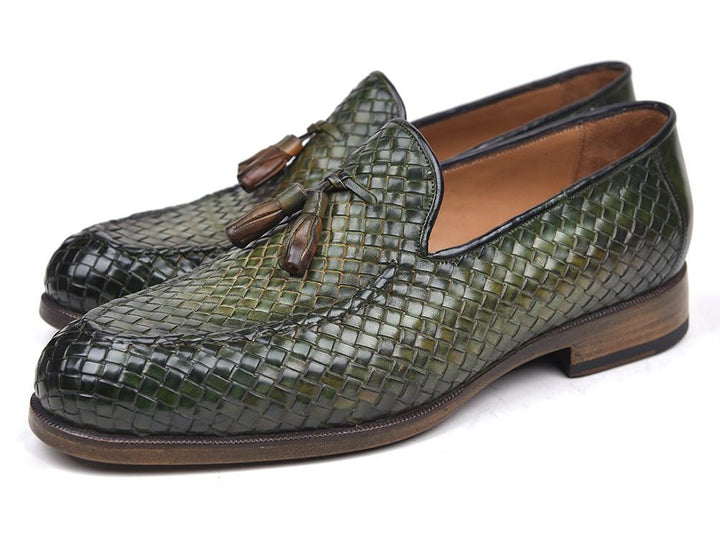 Paul Parkman Woven Leather Tassel Loafers Green Shoes (ID#WVN44-GRN) Size 6.5-7 D(M) US