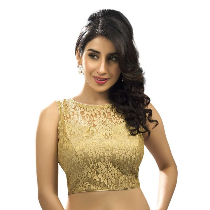 Designer Indian Traditional Gold Fancy Net Padded  Sleeveless Saree Blouse Choli (X-269Ns)