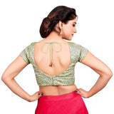 Designer Indian Light Green Embroidery Padded Back Open Hooks Short Sleeves Saree Blouse (X-630Sl)