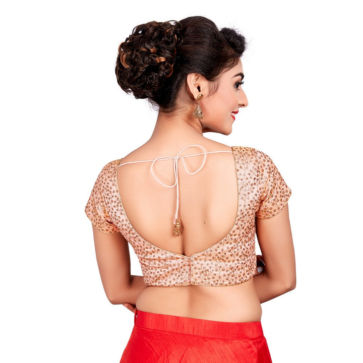 Designer Indian Peach Embroidery Padded Back Open Hooks Short Sleeves Saree Blouse (X-630Sl)