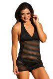 UjENA Black Sheer Stripes Swim Dress - Top Only Large