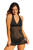 UjENA Black Sheer Stripes Swim Dress - Bottom Only Large