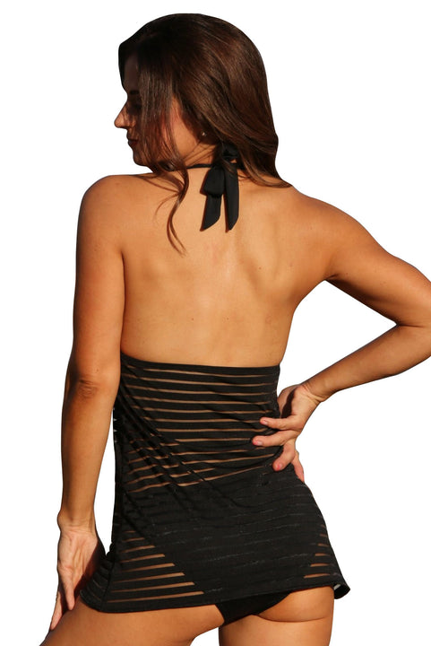 UjENA Black Sheer Stripes Swim Dress - Bottom Only Medium